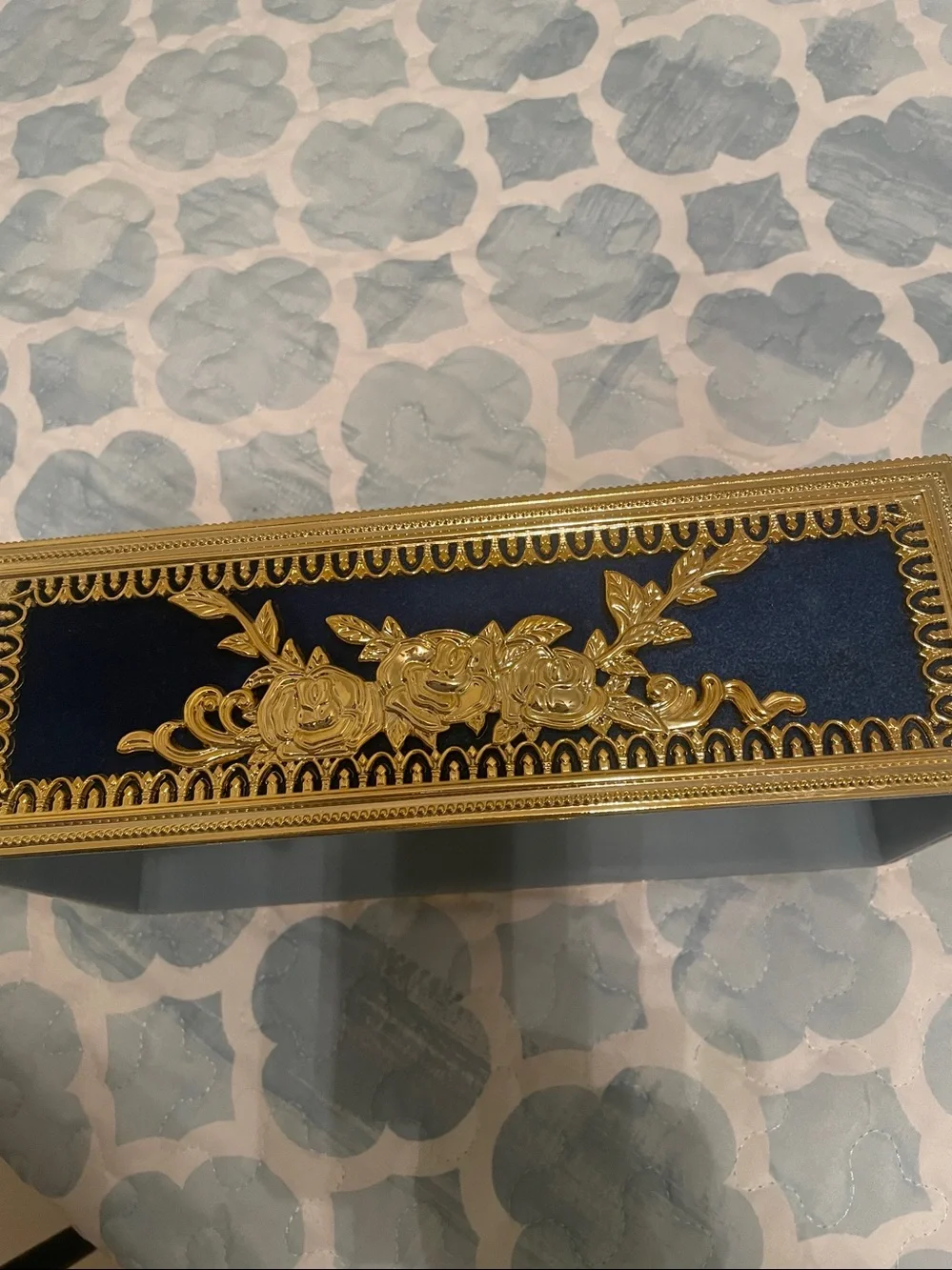 Ornate Gold and Navy Decorative Tissue Box Cover
